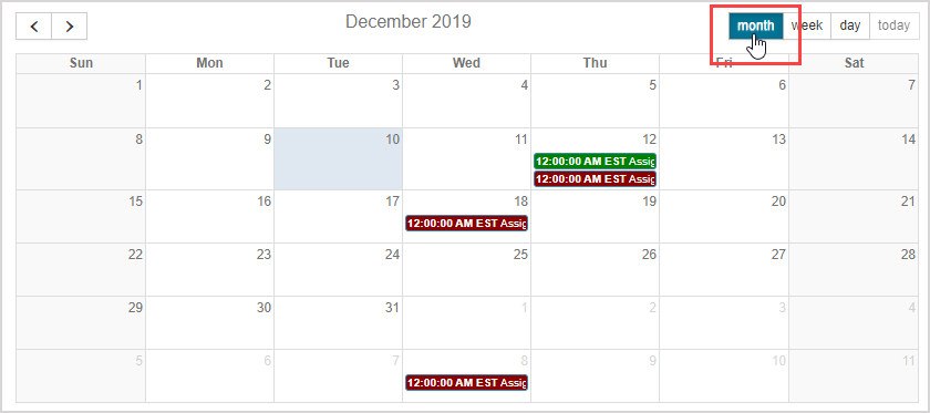 After clicking month button, the Calendar view has dates and events for the whole month.